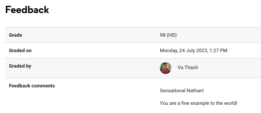 Example of feedback under submitted assignment